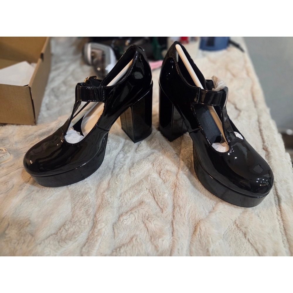 Black Patent T-Strap Platform Mary Jane Pumps Chunky Block Heel Gothic Size 6 - Picture 6 of 16